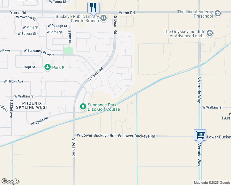 map of restaurants, bars, coffee shops, grocery stores, and more near 21662 West Watkins Street in Buckeye