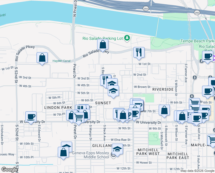 map of restaurants, bars, coffee shops, grocery stores, and more near 425 South Terry Lane in Tempe