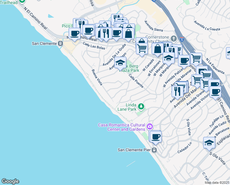 map of restaurants, bars, coffee shops, grocery stores, and more near 244 West Canada in San Clemente