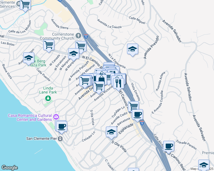 map of restaurants, bars, coffee shops, grocery stores, and more near 115 Avenida Granada in San Clemente