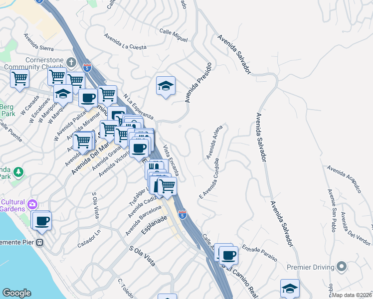map of restaurants, bars, coffee shops, grocery stores, and more near 213 South La Esperanza in San Clemente