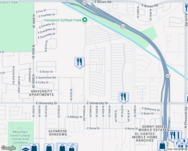 map of restaurants, bars, coffee shops, grocery stores, and more near Ln 3900 in Mesa