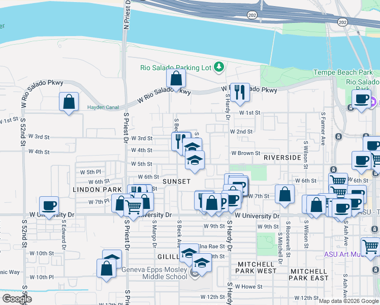 map of restaurants, bars, coffee shops, grocery stores, and more near 425 South Terry Lane in Tempe