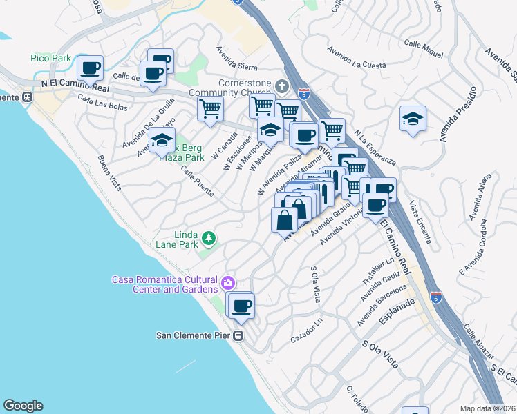 map of restaurants, bars, coffee shops, grocery stores, and more near 212 Calle Puente in San Clemente