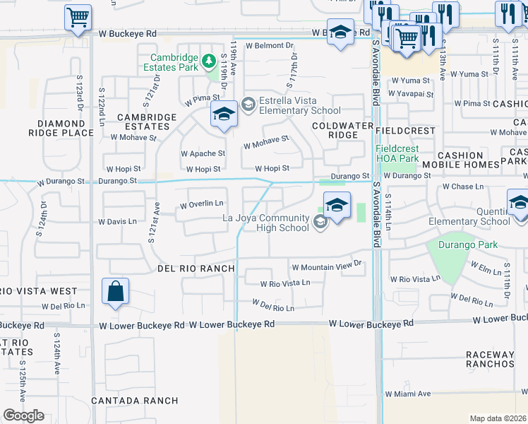 map of restaurants, bars, coffee shops, grocery stores, and more near 11766 West Davis Lane in Avondale