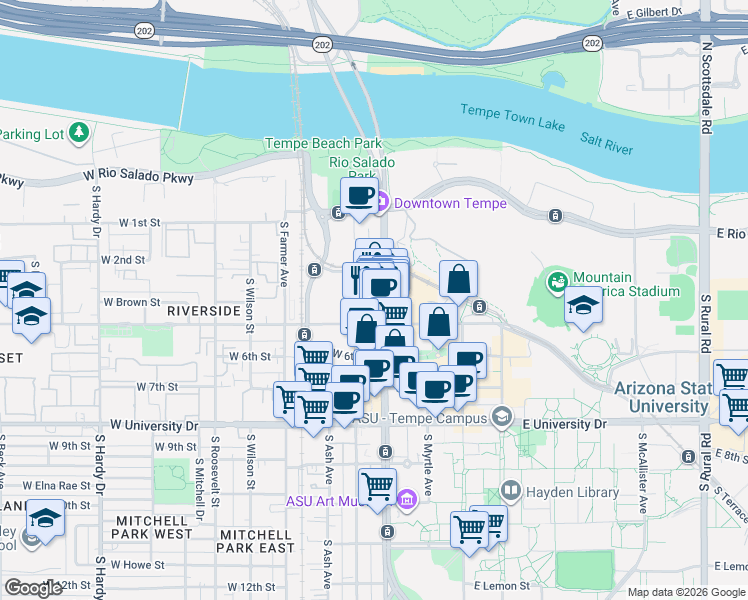 map of restaurants, bars, coffee shops, grocery stores, and more near 414 South Mill Avenue in Tempe