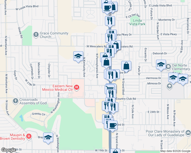 map of restaurants, bars, coffee shops, grocery stores, and more near 2612 North Pennsylvania Avenue in Roswell