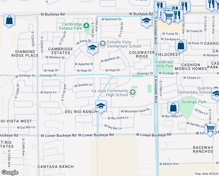 map of restaurants, bars, coffee shops, grocery stores, and more near 11766 West Davis Lane in Avondale