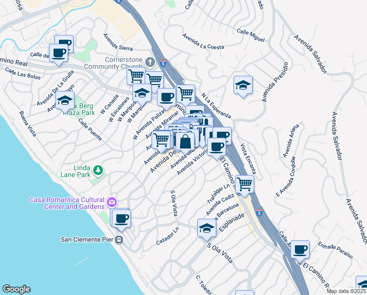 map of restaurants, bars, coffee shops, grocery stores, and more near 137 Avenida Granada in San Clemente