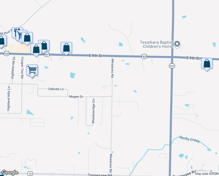 map of restaurants, bars, coffee shops, grocery stores, and more near 501 Meadows Road in Texarkana