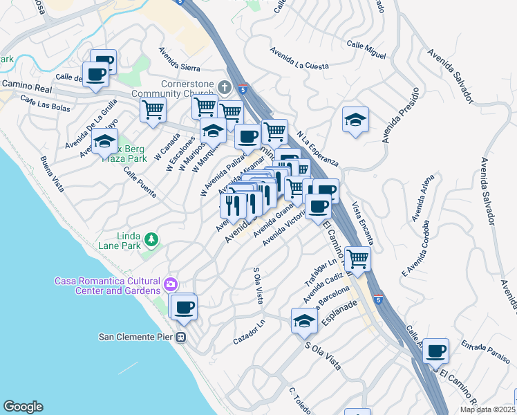 map of restaurants, bars, coffee shops, grocery stores, and more near 166 Avenida Del Mar in San Clemente