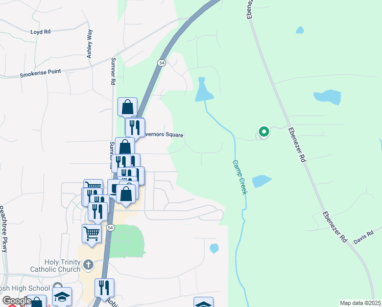 map of restaurants, bars, coffee shops, grocery stores, and more near 208 Regester Way in Peachtree City