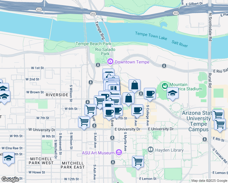 map of restaurants, bars, coffee shops, grocery stores, and more near 201 East 5th Street in Tempe