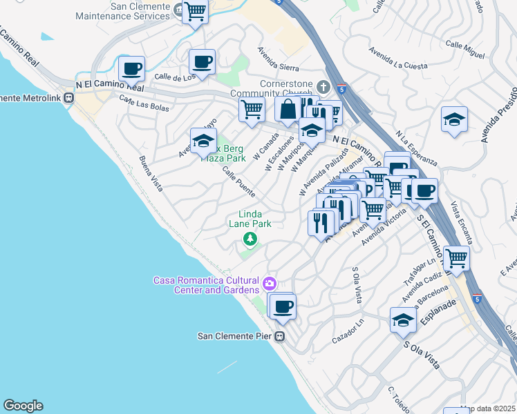 map of restaurants, bars, coffee shops, grocery stores, and more near 205 West Mariposa in San Clemente