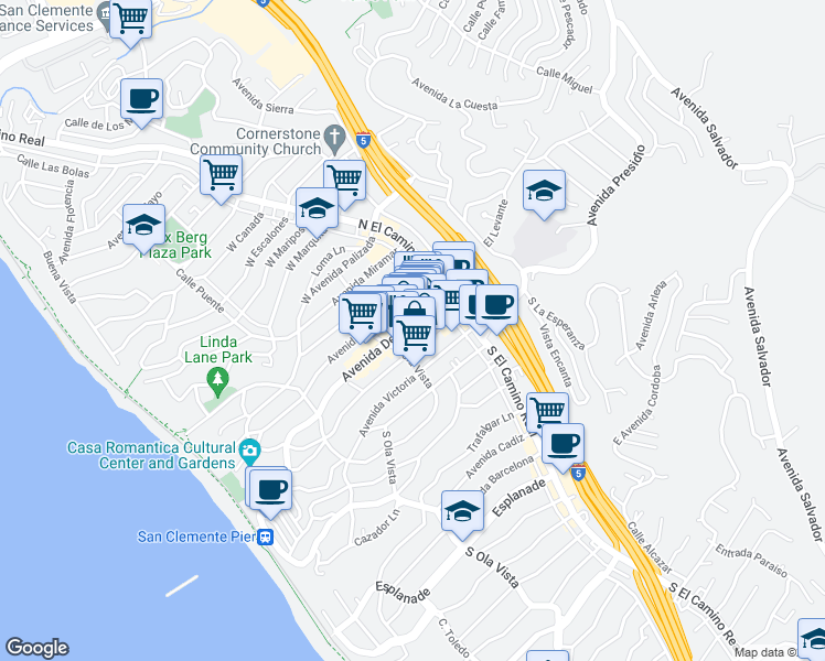 map of restaurants, bars, coffee shops, grocery stores, and more near 143 Avenida Del Mar in San Clemente