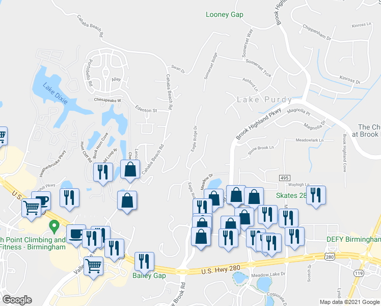 map of restaurants, bars, coffee shops, grocery stores, and more near 416 Eagle Ridge Drive in Birmingham