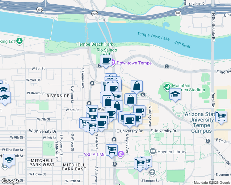 map of restaurants, bars, coffee shops, grocery stores, and more near 401 South Mill Avenue in Tempe