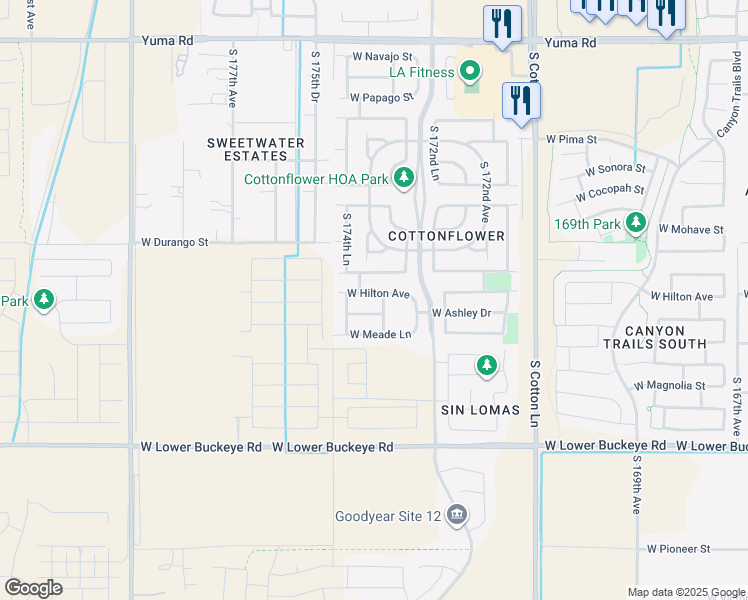 map of restaurants, bars, coffee shops, grocery stores, and more near 17390 West Ashley Drive in Goodyear
