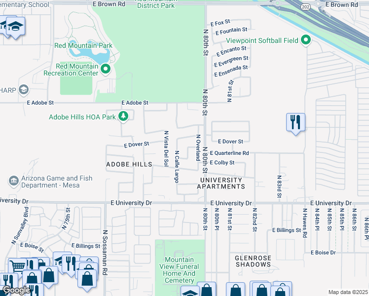 map of restaurants, bars, coffee shops, grocery stores, and more near 609 North Piedra in Mesa