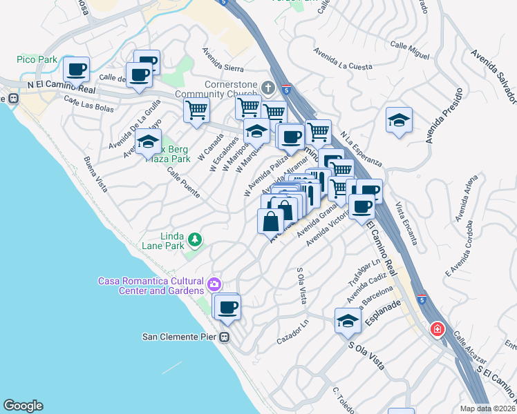 map of restaurants, bars, coffee shops, grocery stores, and more near 236 Avenida Serra in San Clemente