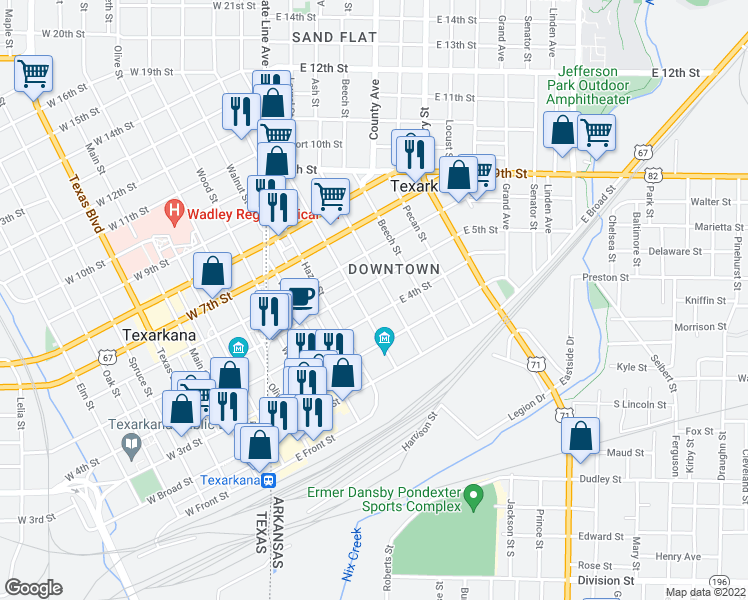 map of restaurants, bars, coffee shops, grocery stores, and more near 400 Laurel Street in Texarkana
