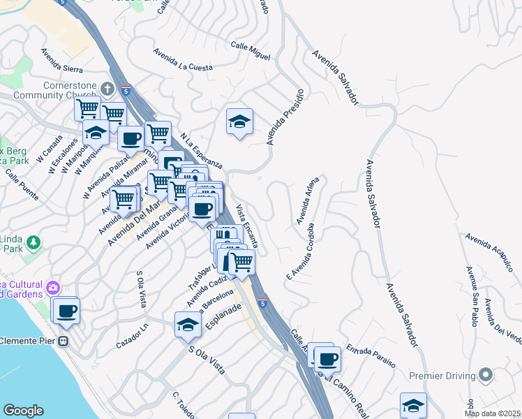 map of restaurants, bars, coffee shops, grocery stores, and more near 207 South La Esperanza in San Clemente