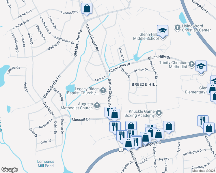 map of restaurants, bars, coffee shops, grocery stores, and more near 2628-2636 Barton Chapel Rd in Augusta