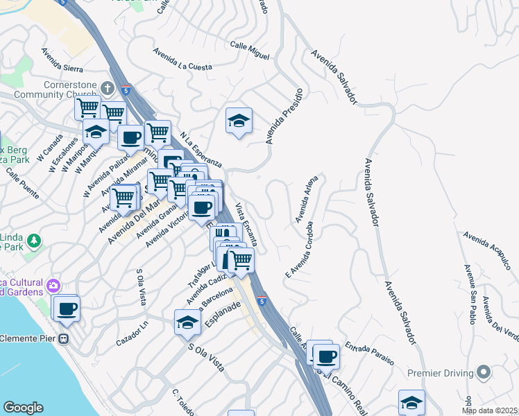map of restaurants, bars, coffee shops, grocery stores, and more near 201 South La Esperanza in San Clemente