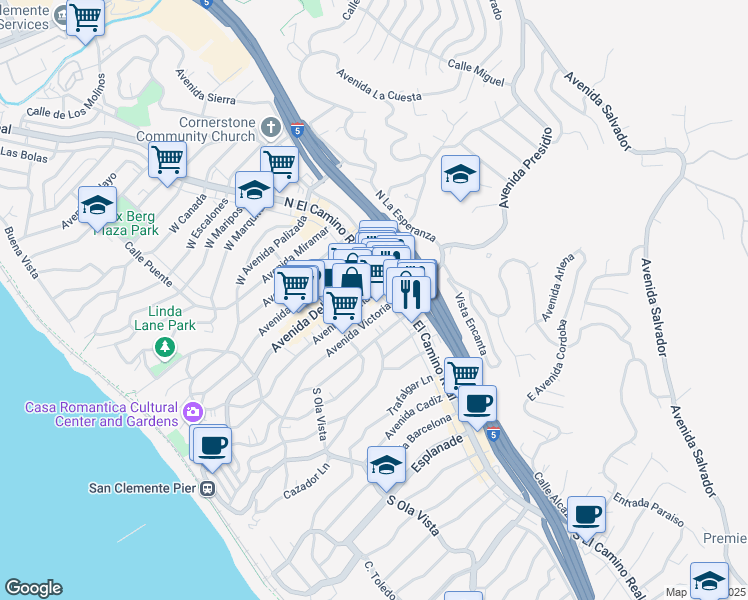 map of restaurants, bars, coffee shops, grocery stores, and more near 109 Avenida Granada in San Clemente