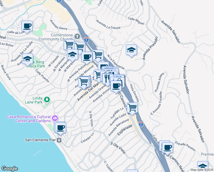 map of restaurants, bars, coffee shops, grocery stores, and more near 109 Avenida Granada in San Clemente