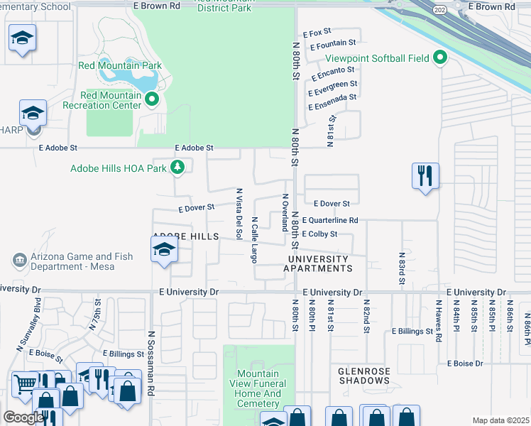 map of restaurants, bars, coffee shops, grocery stores, and more near 609 North Piedra in Mesa