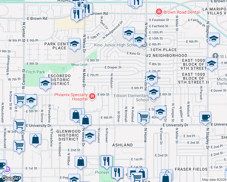 map of restaurants, bars, coffee shops, grocery stores, and more near 560 North Hobson in Mesa
