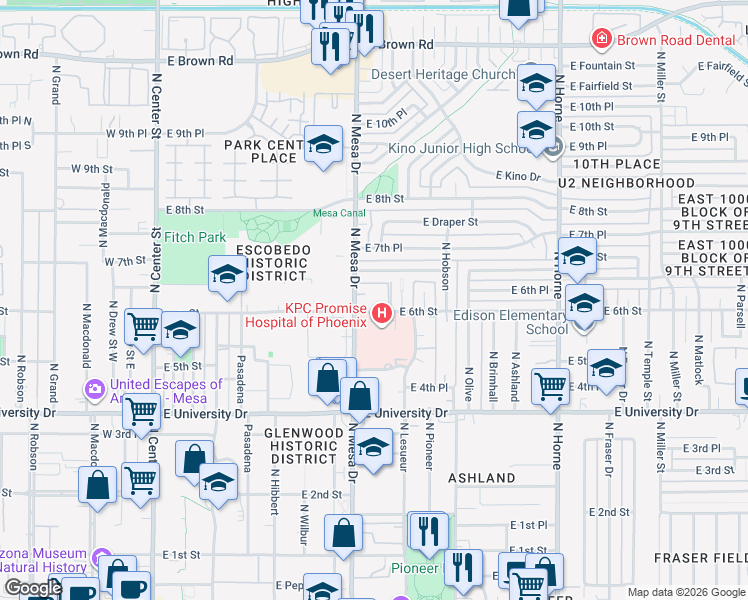 map of restaurants, bars, coffee shops, grocery stores, and more near 545 North Mesa Drive in Mesa