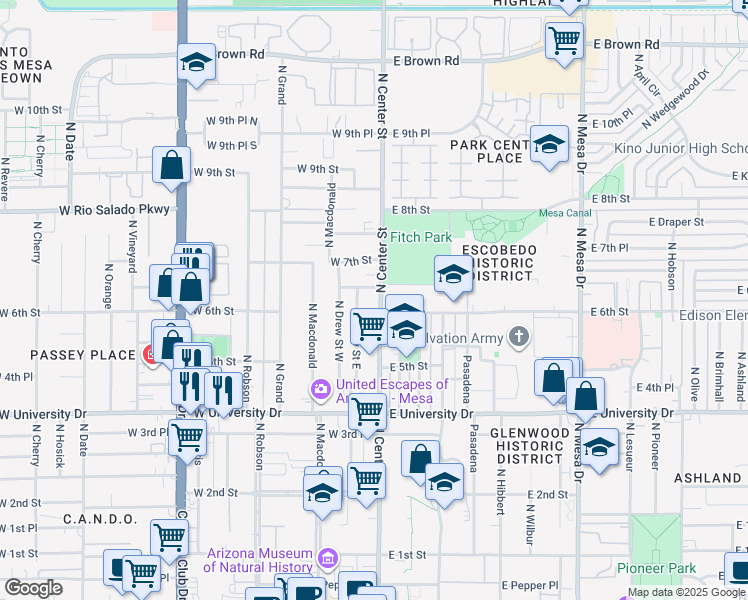 map of restaurants, bars, coffee shops, grocery stores, and more near 603 North Center Street in Mesa