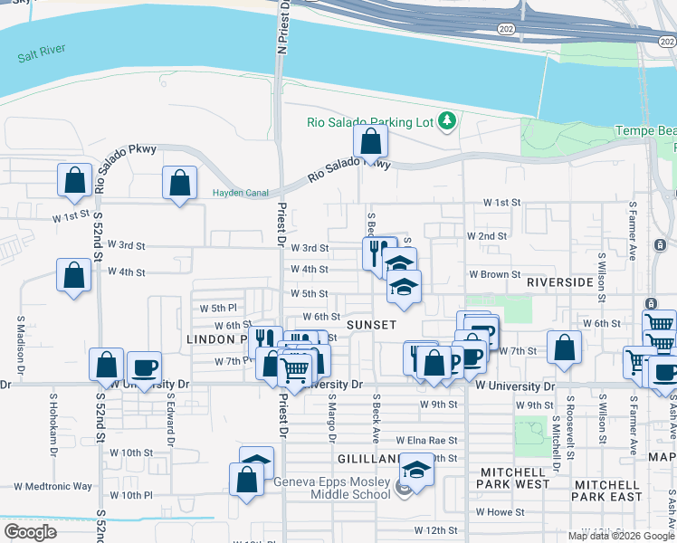 map of restaurants, bars, coffee shops, grocery stores, and more near 1238 West 5th Street in Tempe