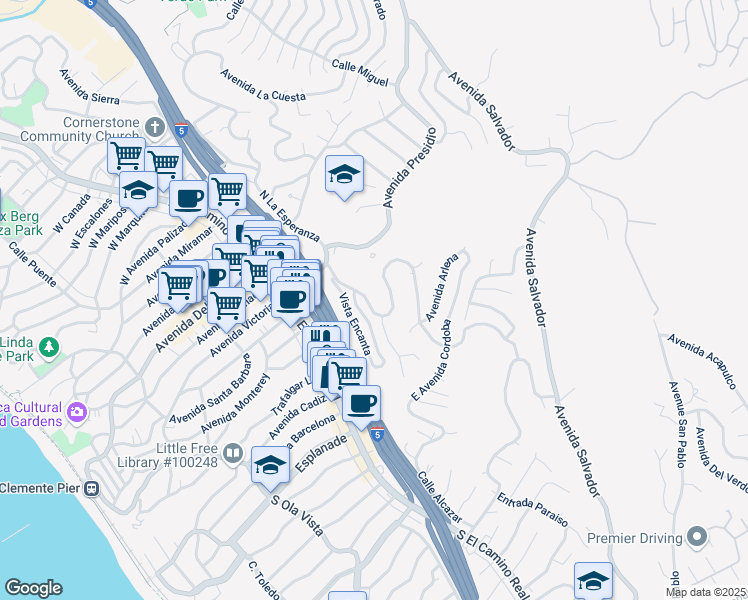 map of restaurants, bars, coffee shops, grocery stores, and more near 207 South La Esperanza in San Clemente