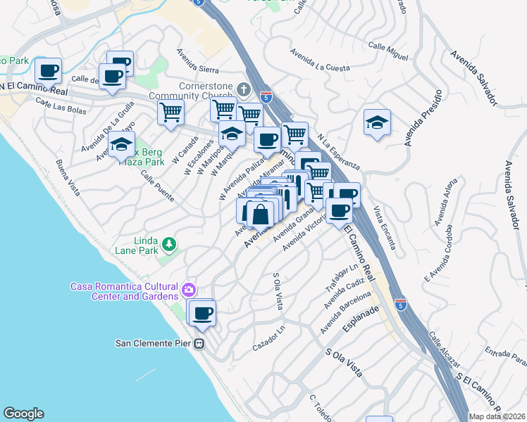 map of restaurants, bars, coffee shops, grocery stores, and more near 214 Avenida Cabrillo in San Clemente
