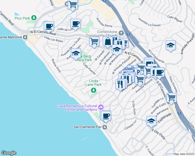 map of restaurants, bars, coffee shops, grocery stores, and more near in San Clemente