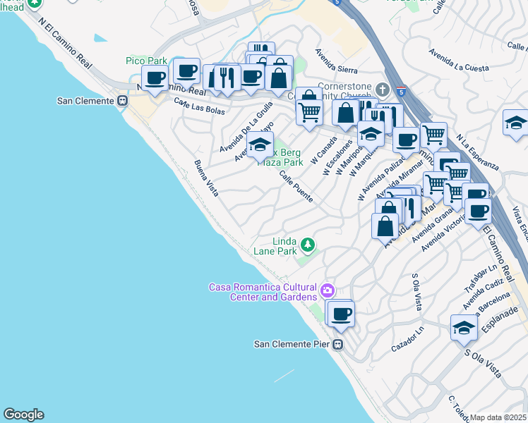 map of restaurants, bars, coffee shops, grocery stores, and more near 236 West Escalones in San Clemente