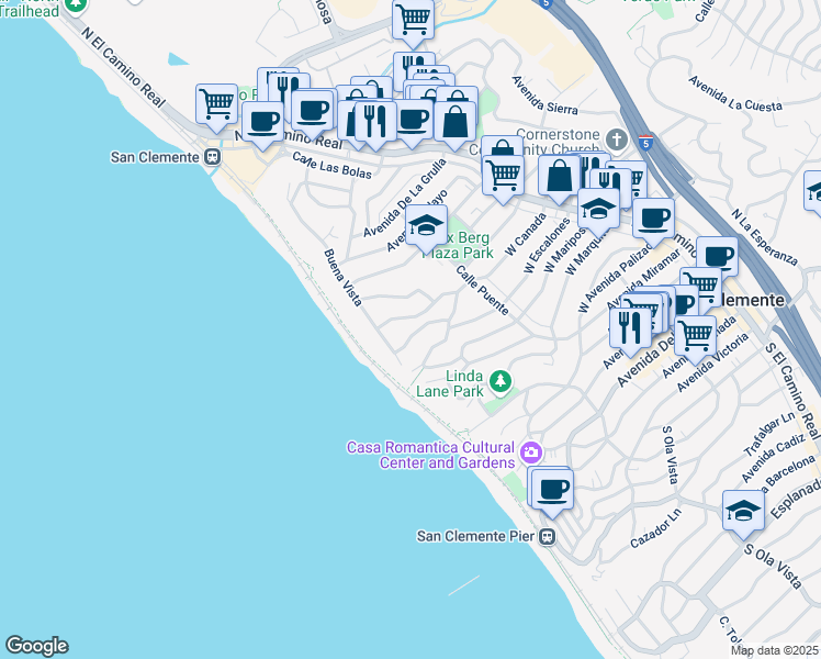 map of restaurants, bars, coffee shops, grocery stores, and more near 250 West Canada in San Clemente