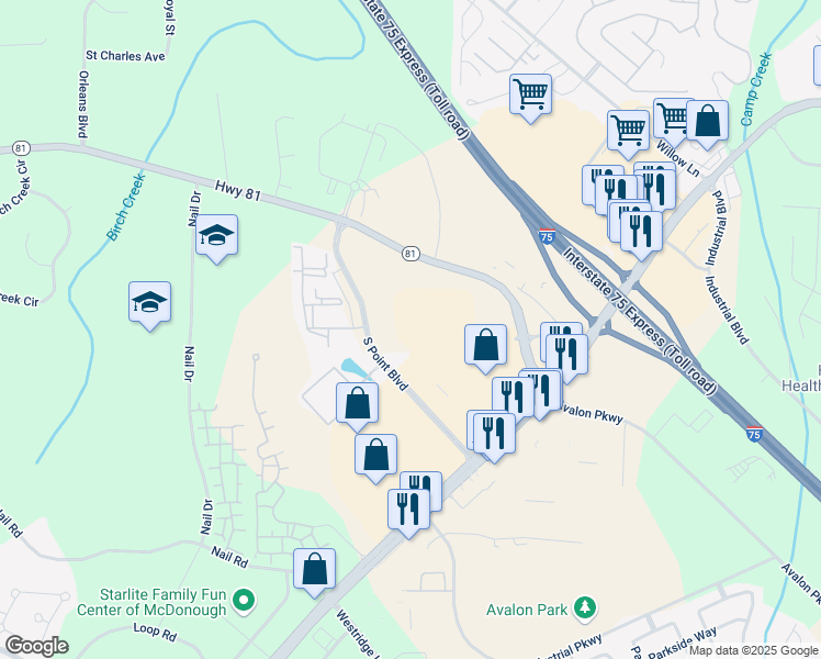 map of restaurants, bars, coffee shops, grocery stores, and more near 198 S Point Blvd in McDonough