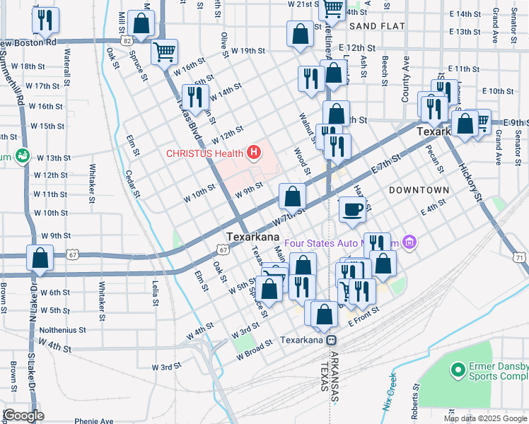 map of restaurants, bars, coffee shops, grocery stores, and more near 710 Main Street in Texarkana
