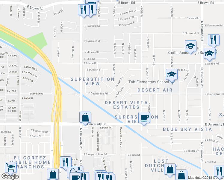 map of restaurants, bars, coffee shops, grocery stores, and more near 9409 East Des Moines Street in Mesa