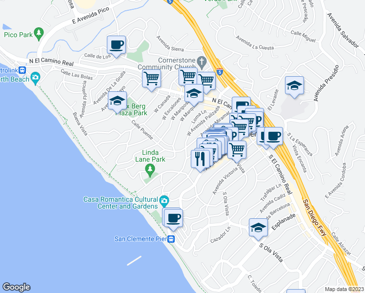 map of restaurants, bars, coffee shops, grocery stores, and more near 236 West Avenida Palizada in San Clemente