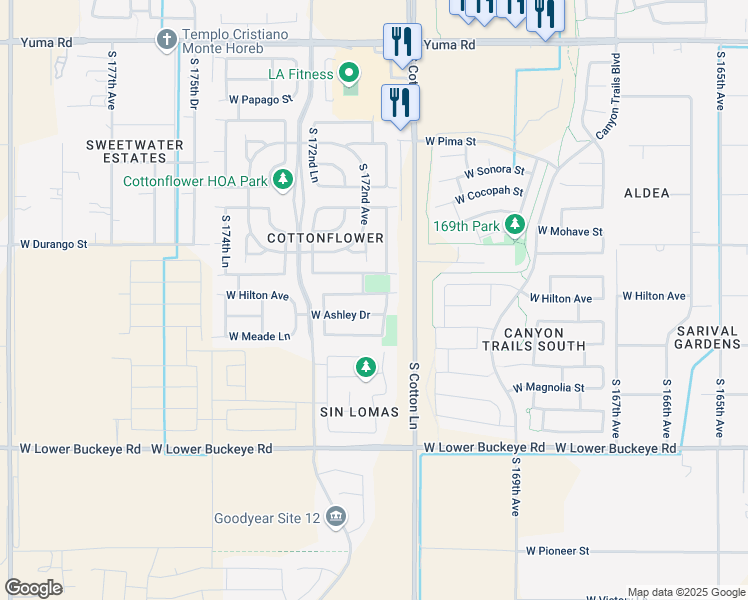 map of restaurants, bars, coffee shops, grocery stores, and more near 2293 South 171st Drive in Goodyear