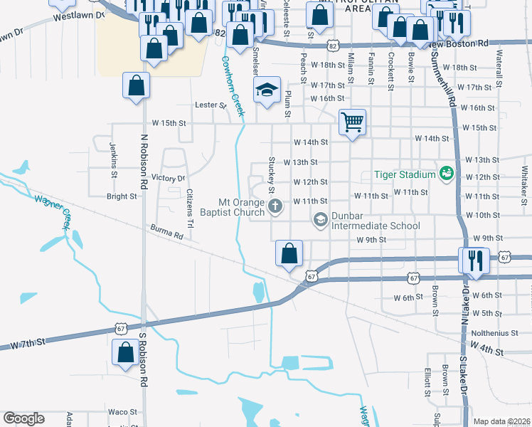 map of restaurants, bars, coffee shops, grocery stores, and more near 1011 Stuckey Street in Texarkana