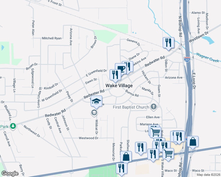 map of restaurants, bars, coffee shops, grocery stores, and more near 523 Old Redwater Road in Wake Village