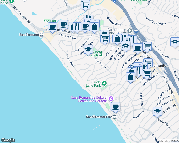 map of restaurants, bars, coffee shops, grocery stores, and more near 236 West Escalones in San Clemente