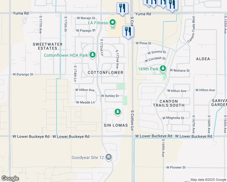 map of restaurants, bars, coffee shops, grocery stores, and more near 17230 West Ashley Drive in Goodyear