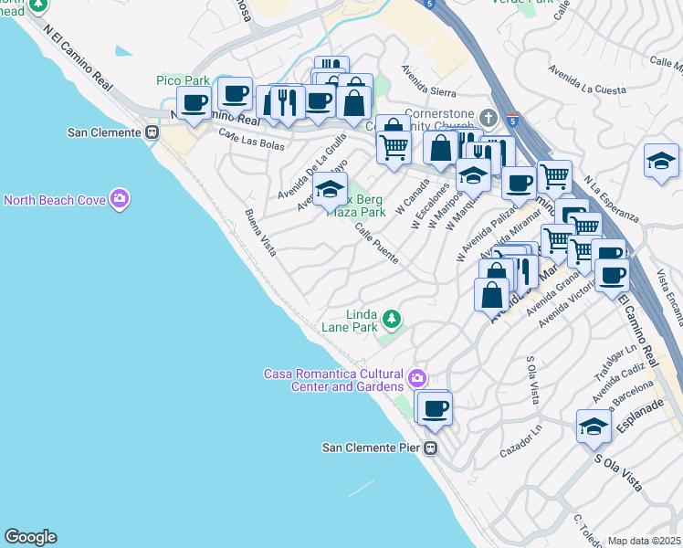 map of restaurants, bars, coffee shops, grocery stores, and more near 227 West Canada in San Clemente